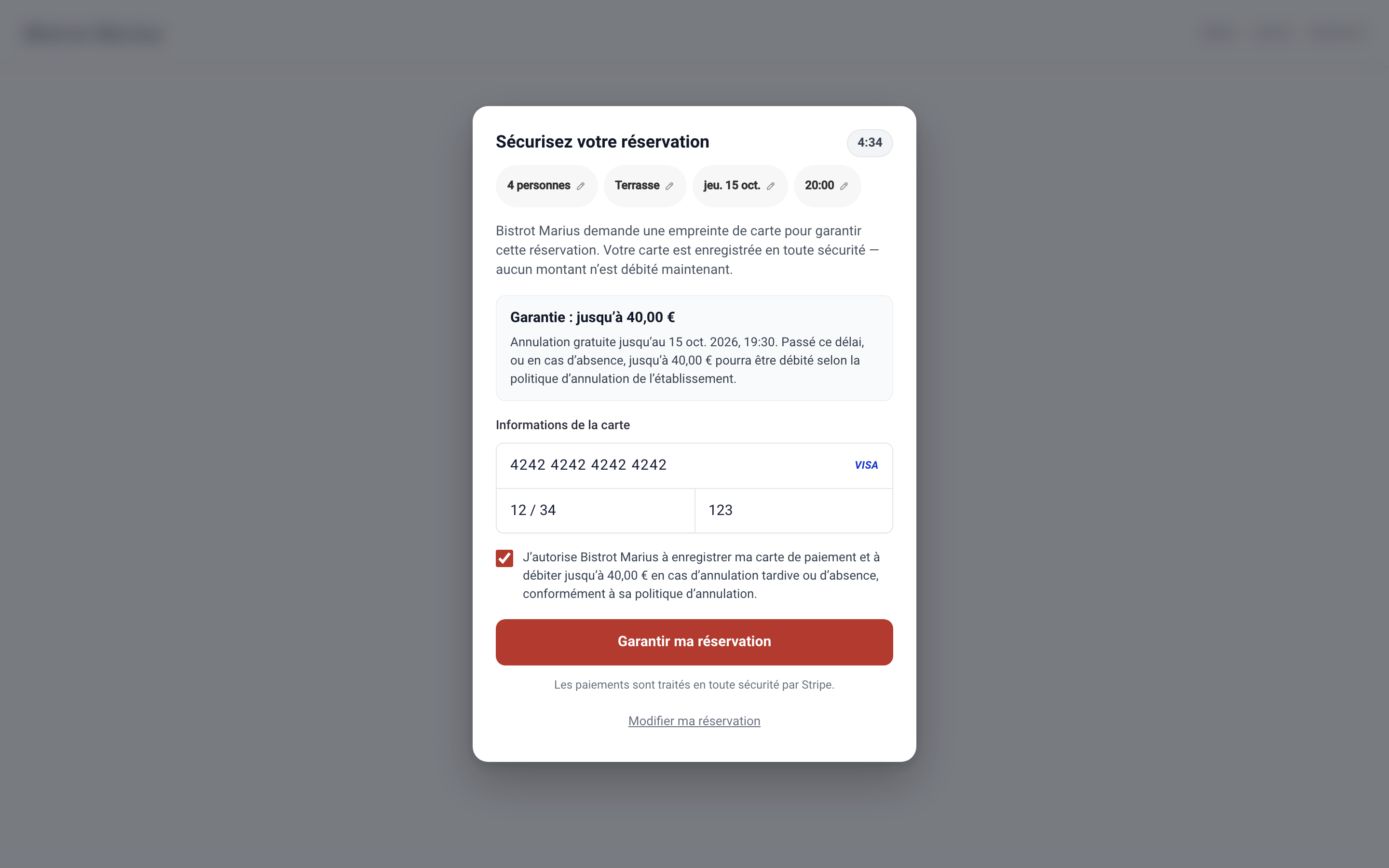 L'étape de saisie de carte du widget, avec le montant de garantie et la mention qu'aucun montant n'est débité.