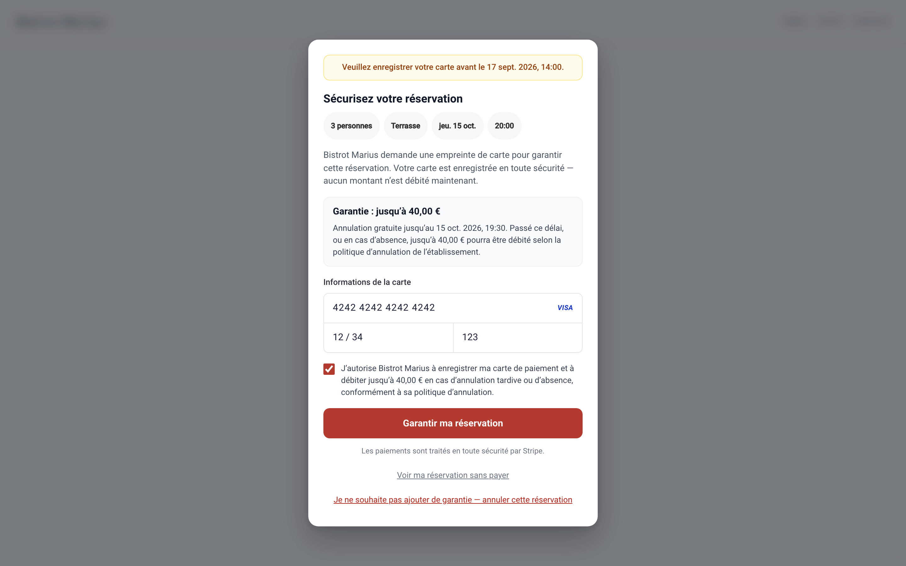 La page en libre-service de fourniture de la garantie par carte.