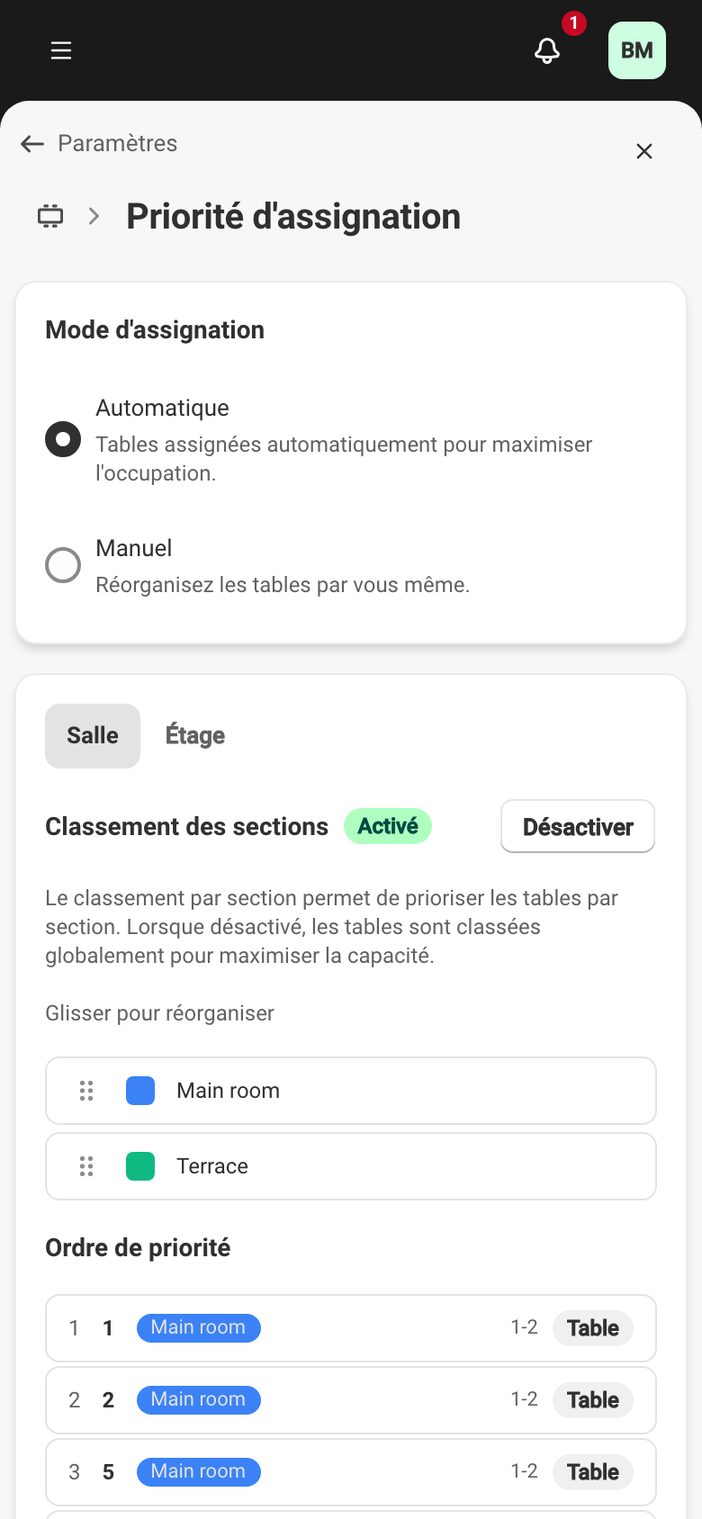 L'écran Priorité d'assignation : le Mode d'assignation, le Classement des sections et l'Ordre de priorité des tables.