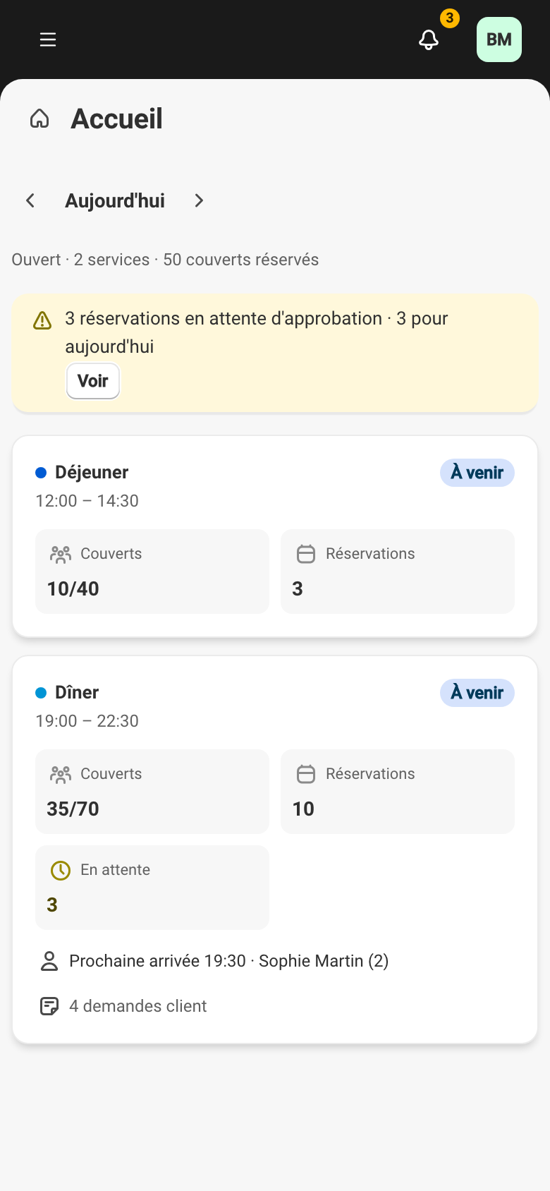 L'écran d'accueil, avec le sélecteur de journée, le résumé du jour et les cartes de service.