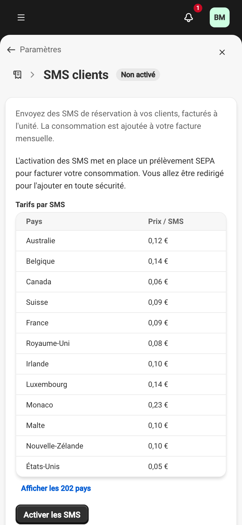 La page SMS clients avant activation : le texte d'activation, la grille Tarifs par SMS avec le prix par pays (France 0,09 €) et le bouton Activer les SMS.