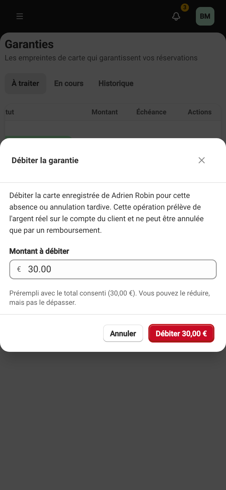 La fenêtre de débit d'une garantie, montant prérempli au total consenti et modifiable à la baisse.