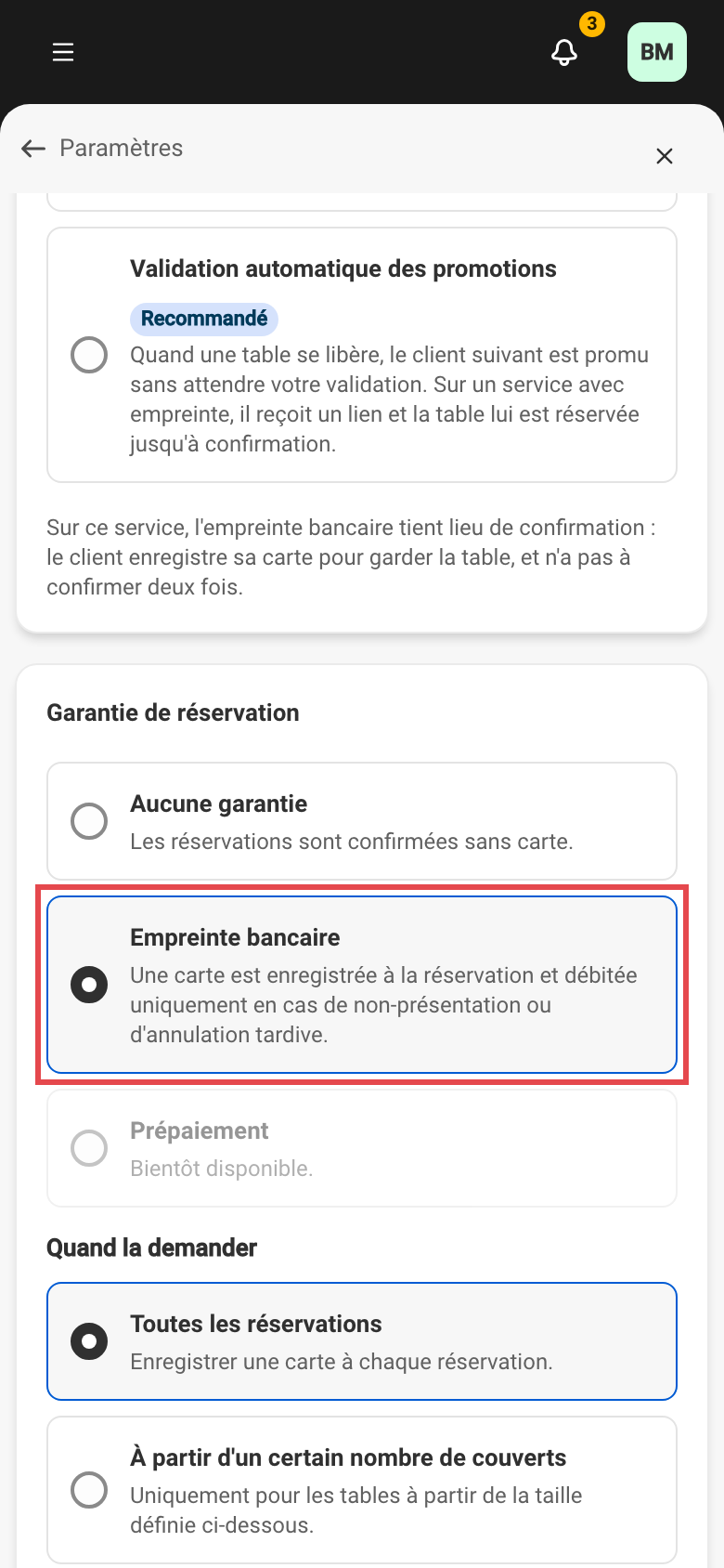Le choix du mode de garantie d'une règle de réservation : Aucune garantie, Empreinte bancaire ou Prépaiement (bientôt disponible).