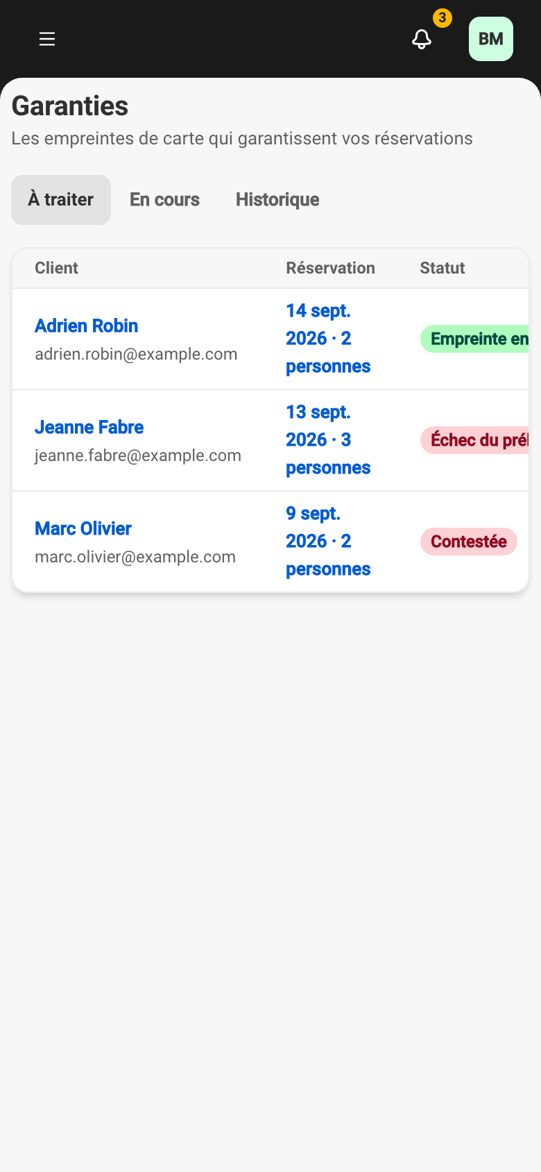 L'écran Garanties, onglet À traiter, avec plusieurs empreintes et leur statut.