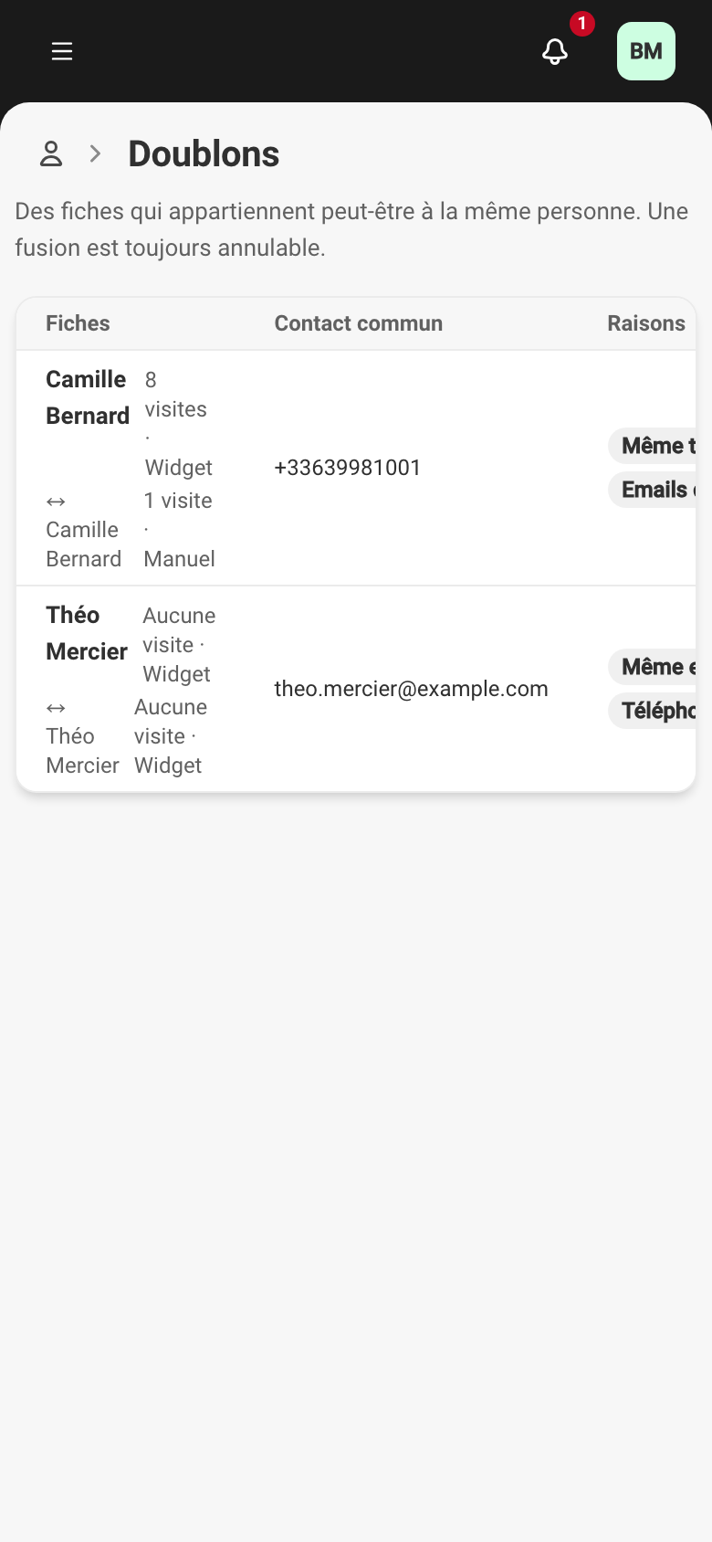 La file Doublons : deux paires de fiches en attente — deux fiches Camille Bernard (même téléphone, emails différents) et deux fiches Théo Mercier (même email, téléphones différents) — chaque ligne montrant le contact commun, les raisons du rapprochement et un score de confiance de 75.