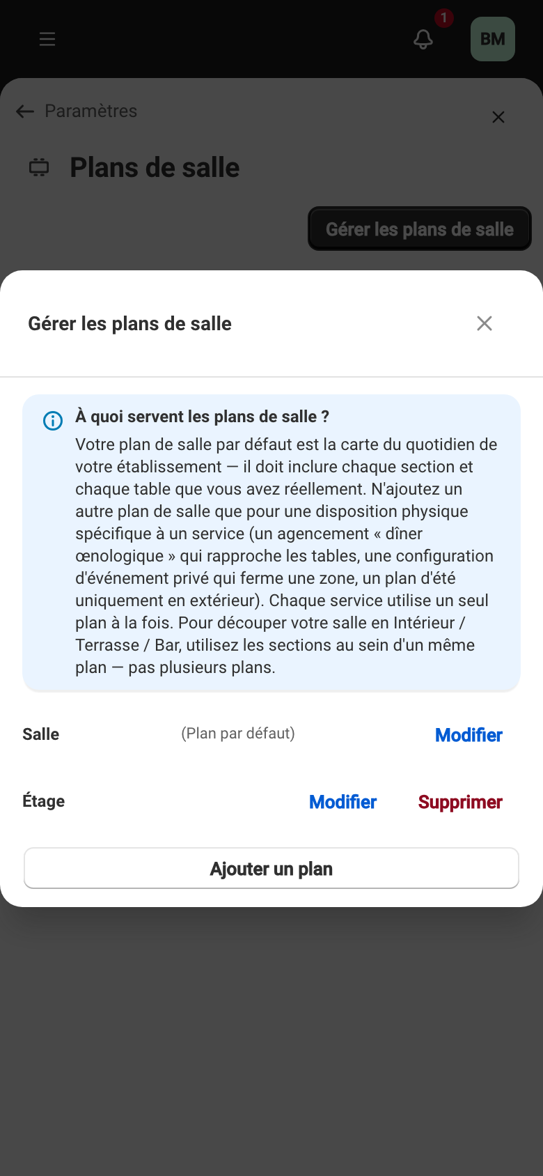 La fenêtre Gérer les plans de salle : l'explication de leur usage, la liste des plans et le plan par défaut.