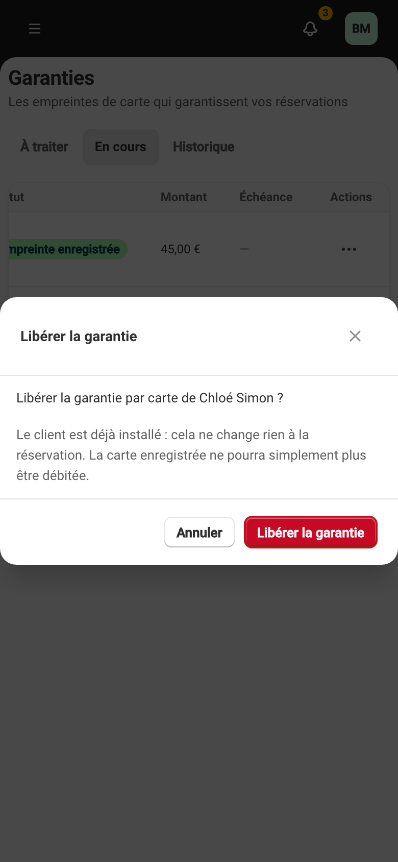 La fenêtre de libération d'une garantie, expliquant que la carte ne sera plus débitable.