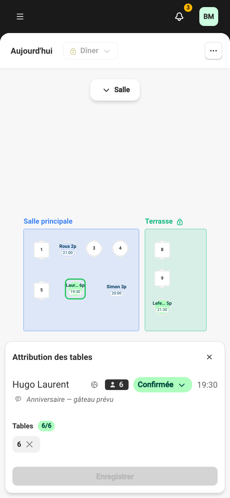 La sélection des tables sur le plan : tables sélectionnables en vert, tables occupées en rouge.