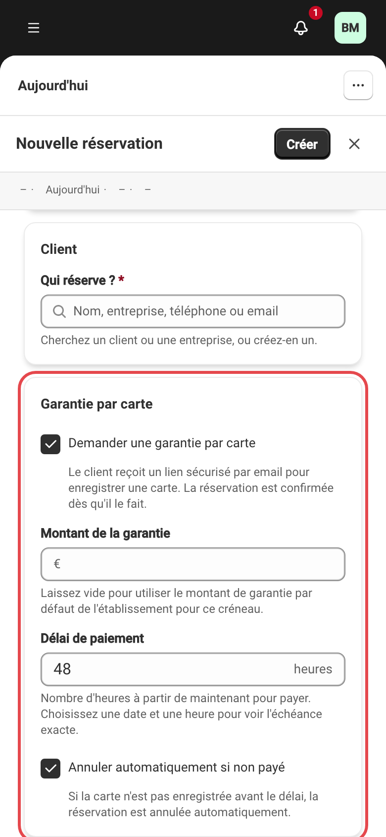 La section Garantie par carte du formulaire de réservation, demande activée.