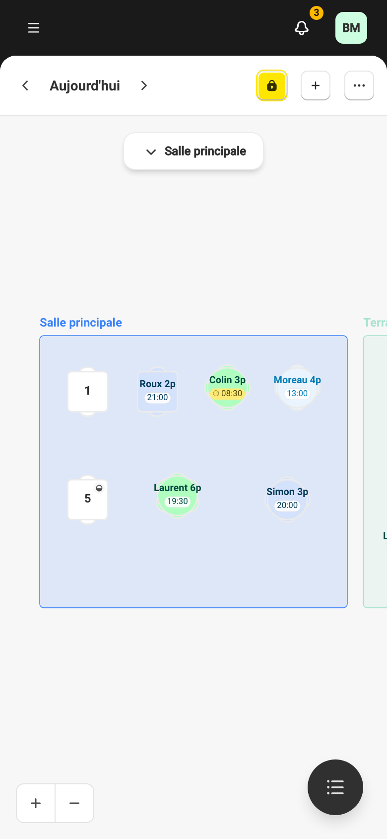 La vue Plan de salle, où vous appuyez sur une table pour installer un client de passage.