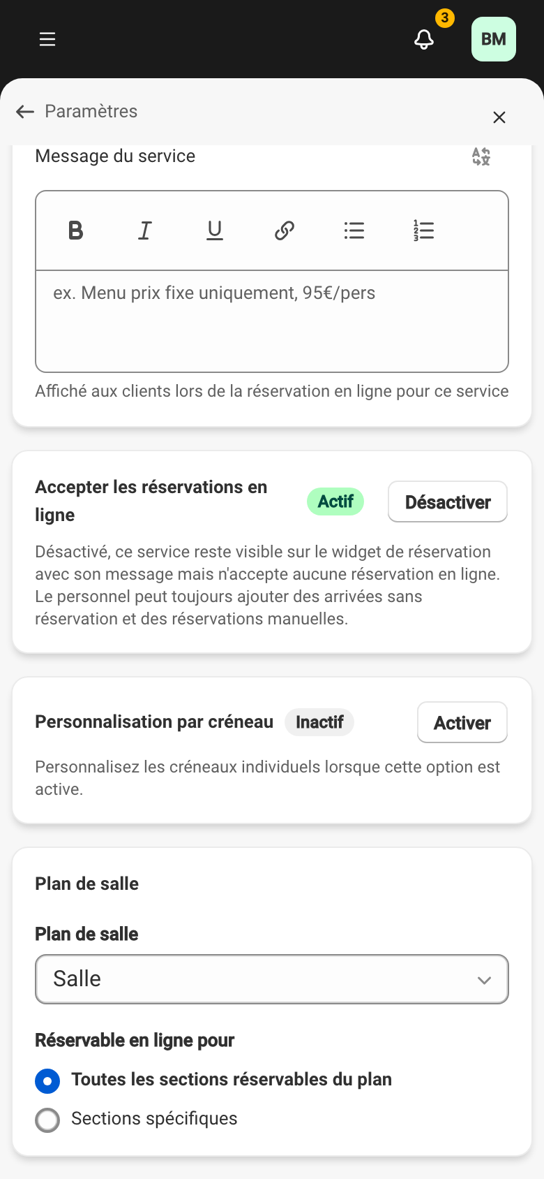 Le bloc « Accepter les réservations en ligne » du formulaire d'un service, avec le badge Actif et le bouton Désactiver.