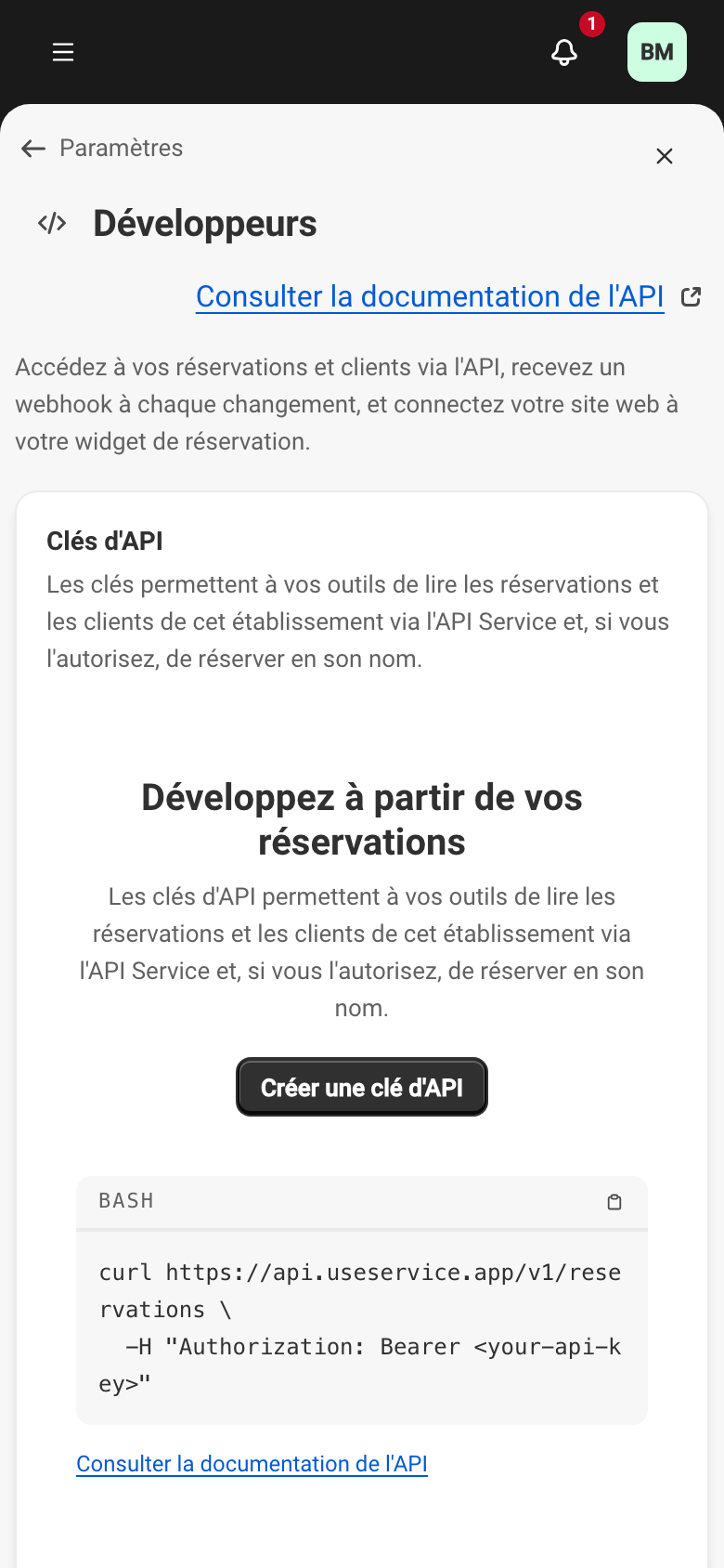 La section Clés d'API de l'espace Développeurs, avec le bouton Créer une clé d'API.