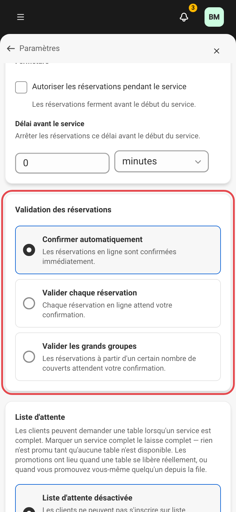 Le bloc Validation des réservations d'une règle de réservation.