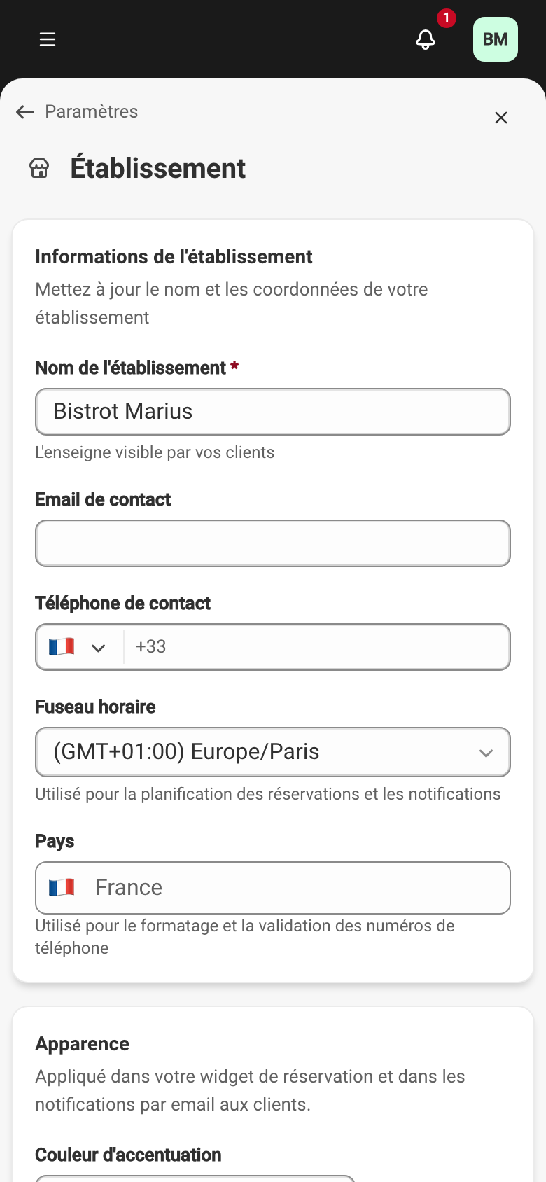 L'écran Établissement, avec les informations de l'établissement, l'apparence et le logo.