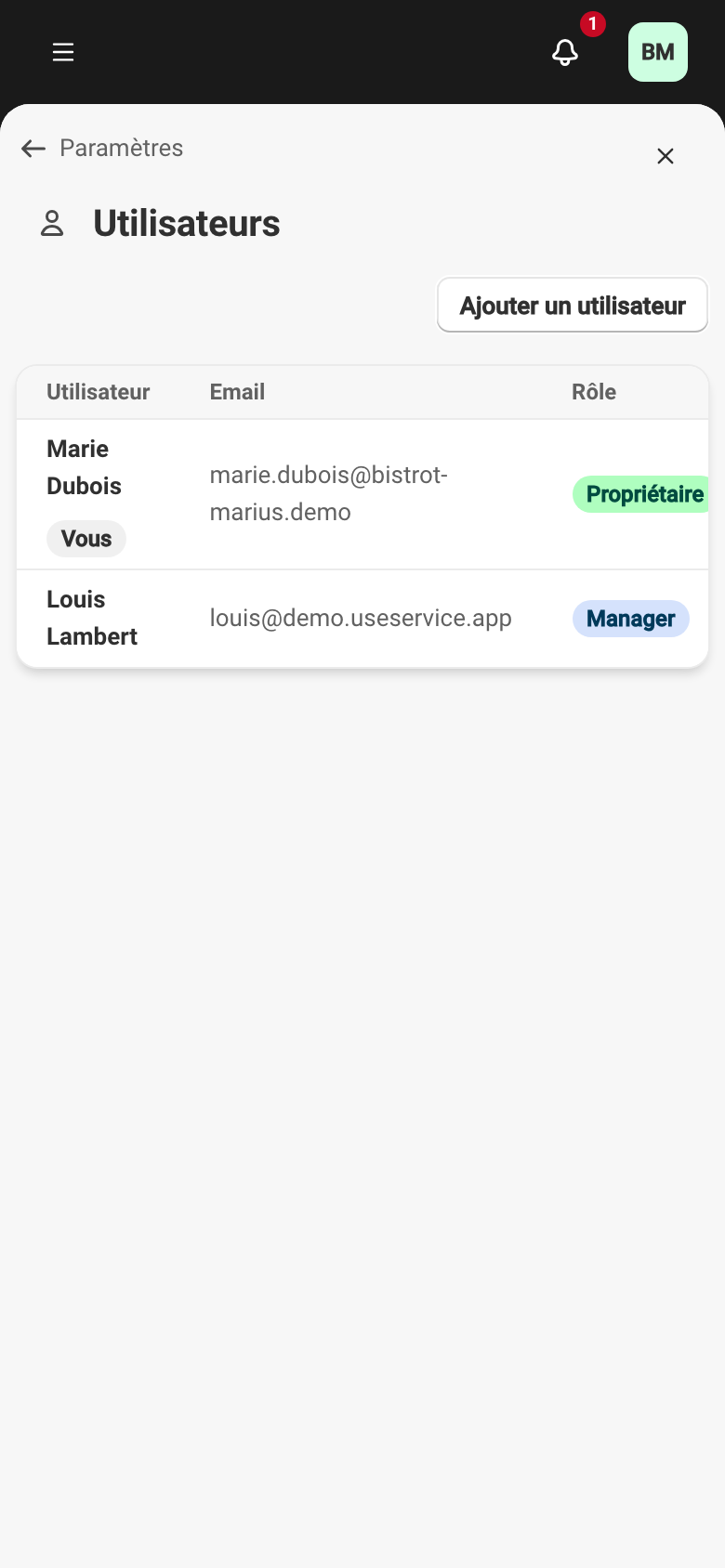 La liste des utilisateurs de l'établissement, avec le nom, l'email et le rôle de chaque membre.