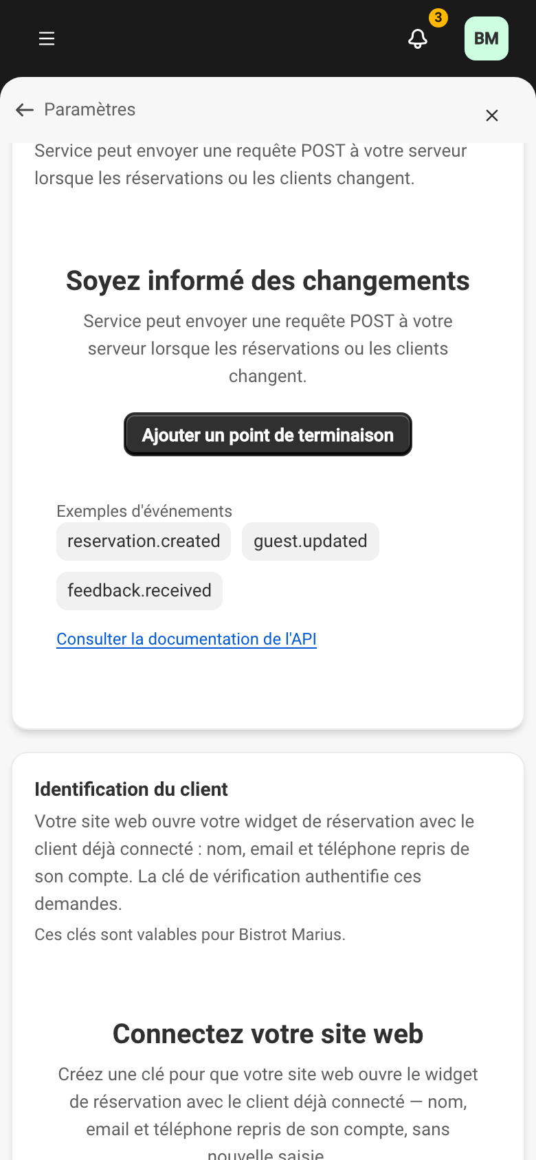 La section Webhooks de l'espace Développeurs, avec le bouton Ajouter un point de terminaison.