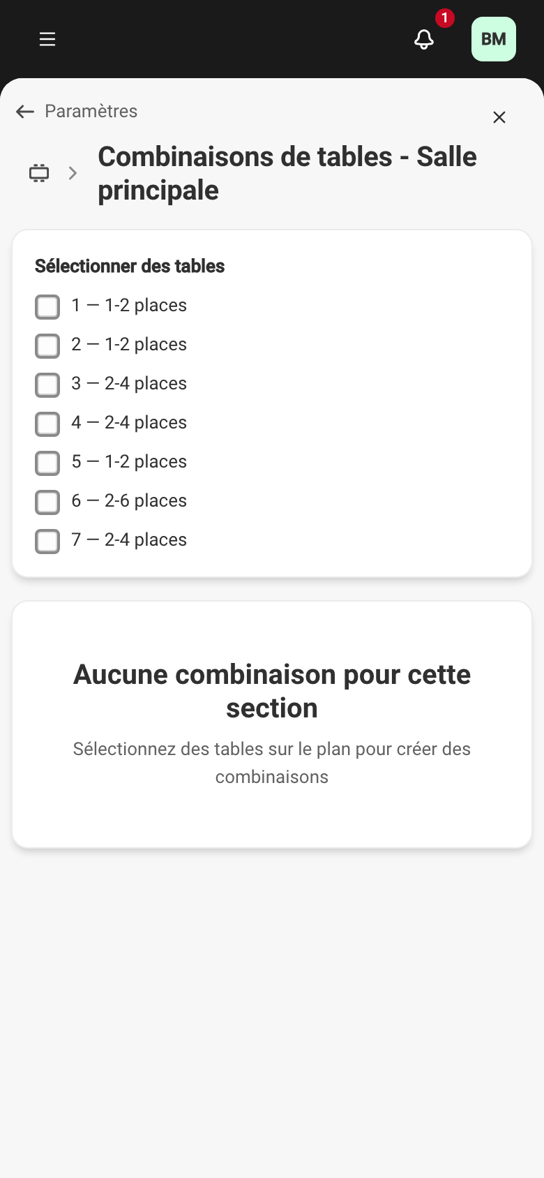 L'écran des combinaisons d'une section : le plan de la section à gauche et le panneau des combinaisons à droite.