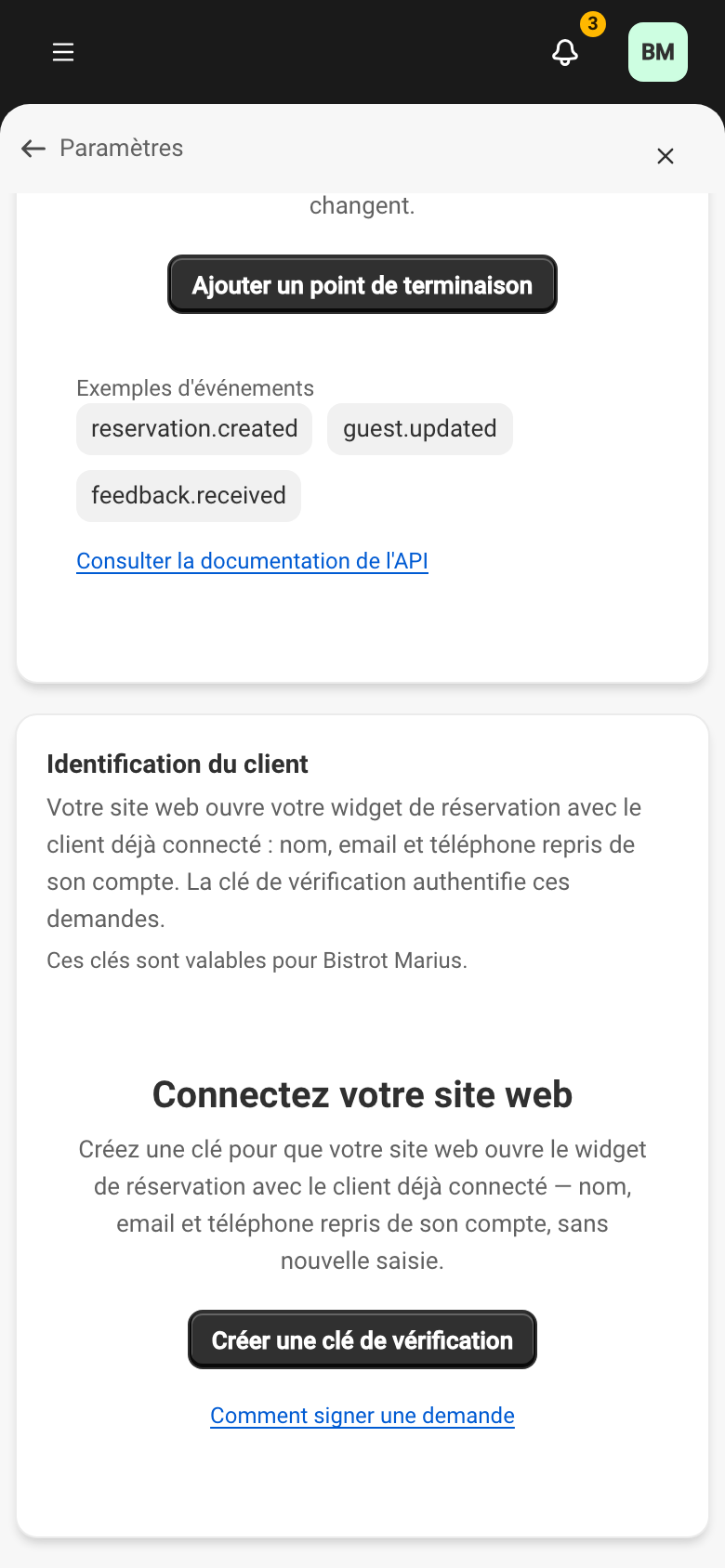La section Identification du client de l'espace Développeurs, avec le bouton Créer une clé de vérification.