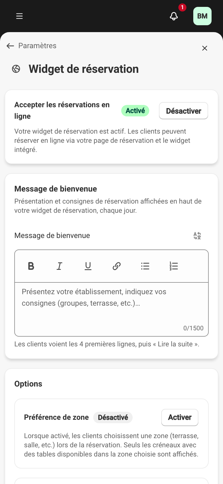 L'écran de configuration à Paramètres → Widget de réservation : l'interrupteur Accepter les réservations en ligne, activé, en haut, suivi du message de bienvenue et des options.