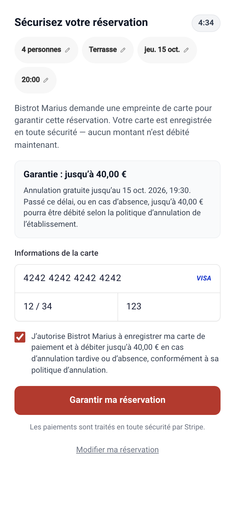 L'étape de saisie de carte du widget, avec le montant de garantie et la mention qu'aucun montant n'est débité.