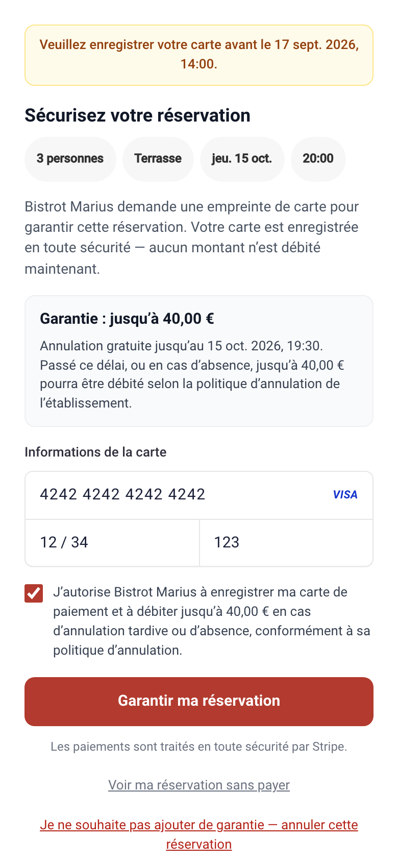 La page en libre-service de fourniture de la garantie par carte.